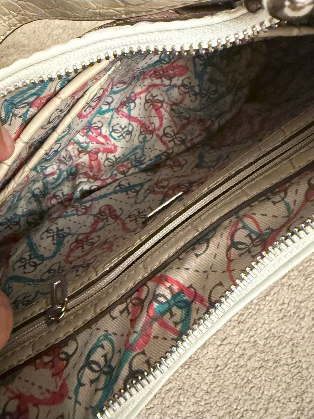 Guess Cream, Brown & Tan Croc-Embossed Shoulder Bag with Heart Plaque - Picture 6 of 7